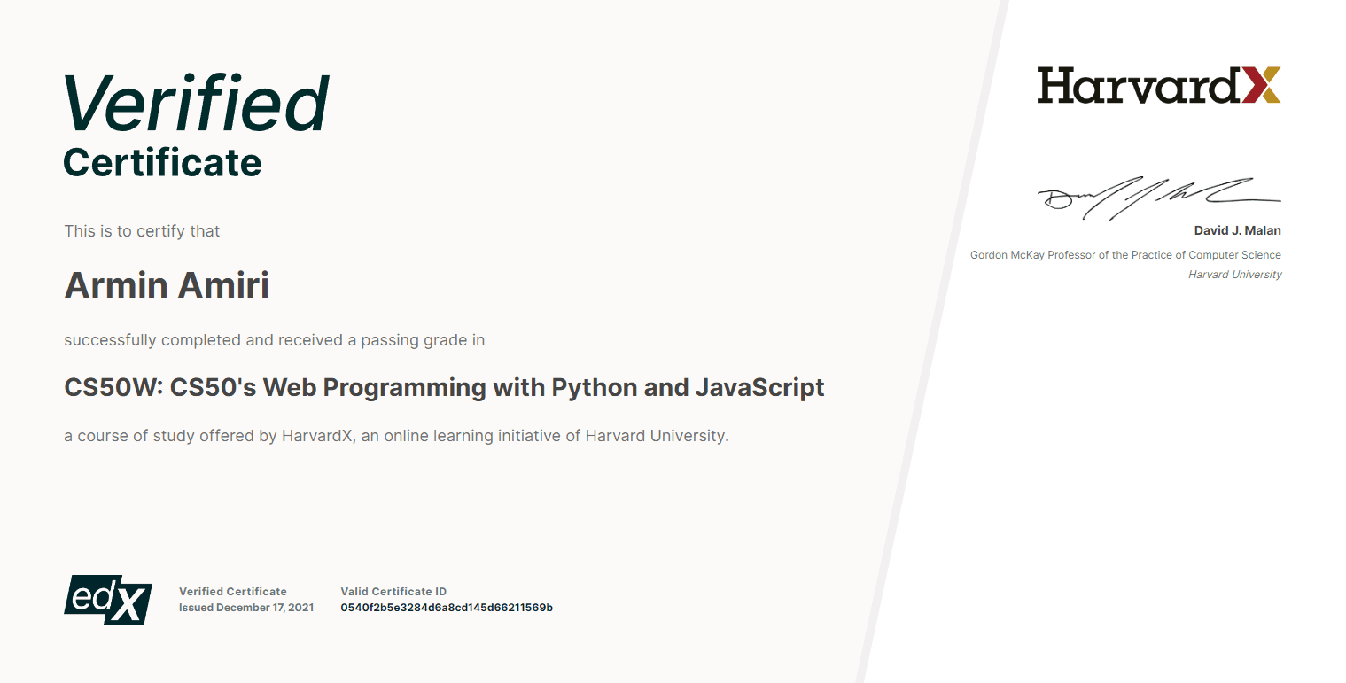 CS50W Web Programming with Python and JavaScript — Professional — Harvard University